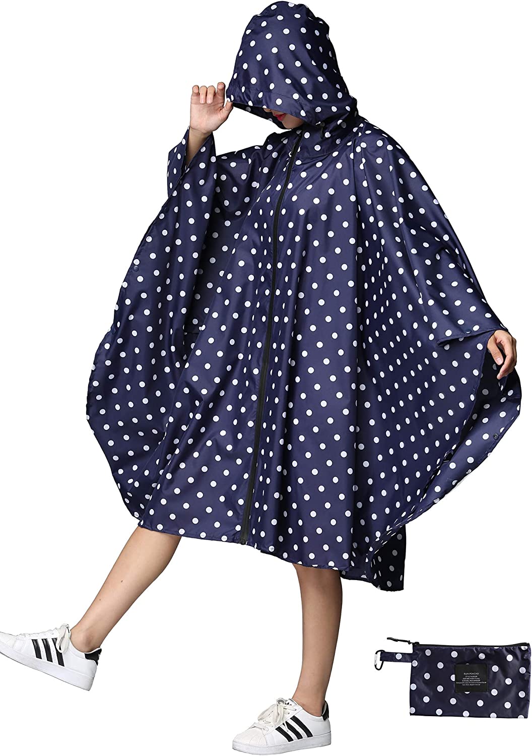 Womens Rain Poncho Stylish Polyester Waterproof Raincoat Free Size with Hood Zipper Various Colors Styles