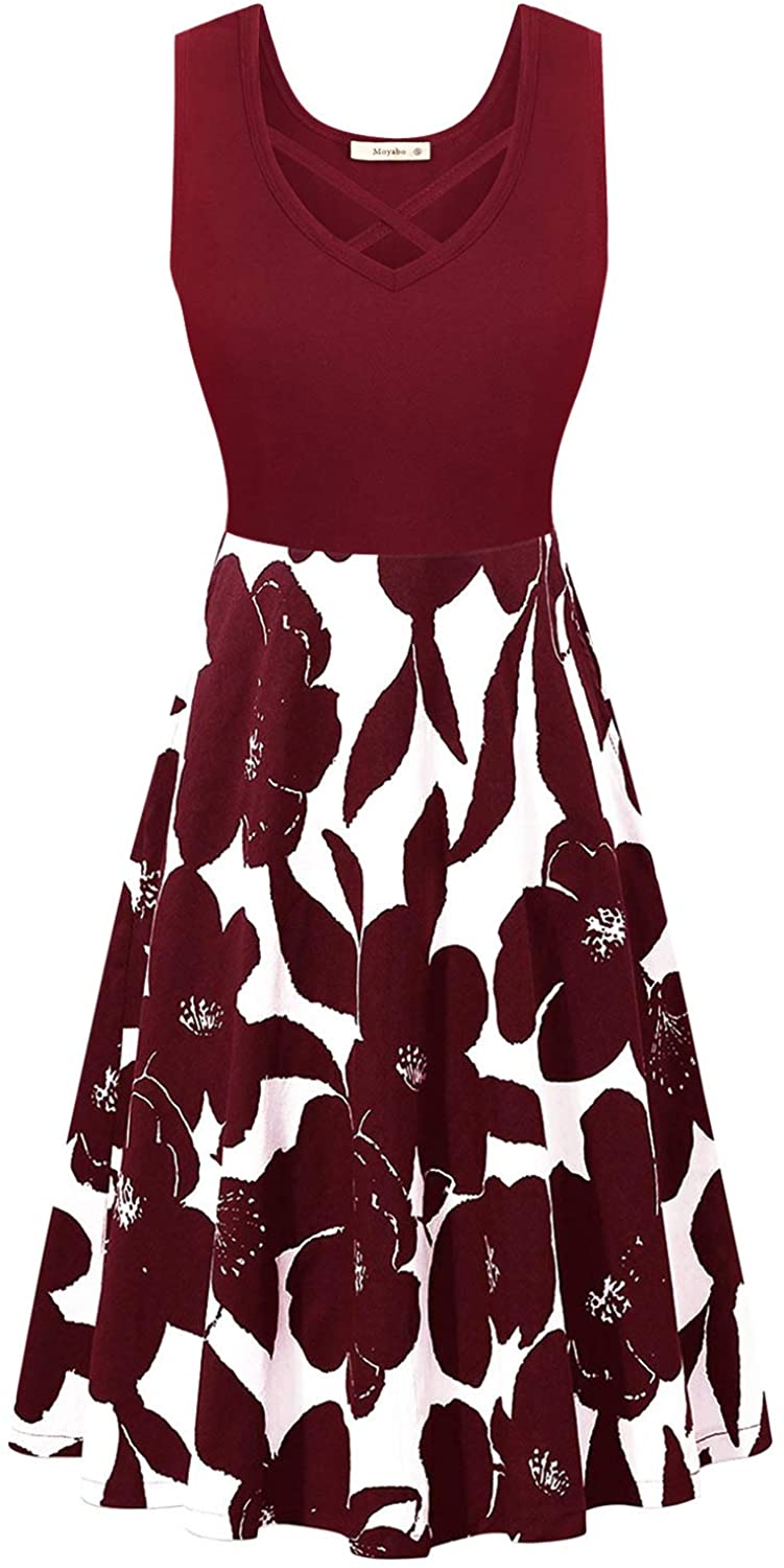 Womens Sleeveless V Neck Criss Cross Midi Flared Tank Dress with Pockets