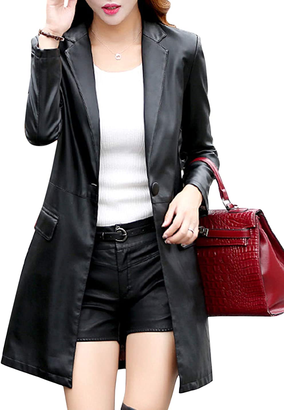 Tanming Womens PU Faux Leather Jacket Casual Lapel Long Suit Trench Coat Outerwear