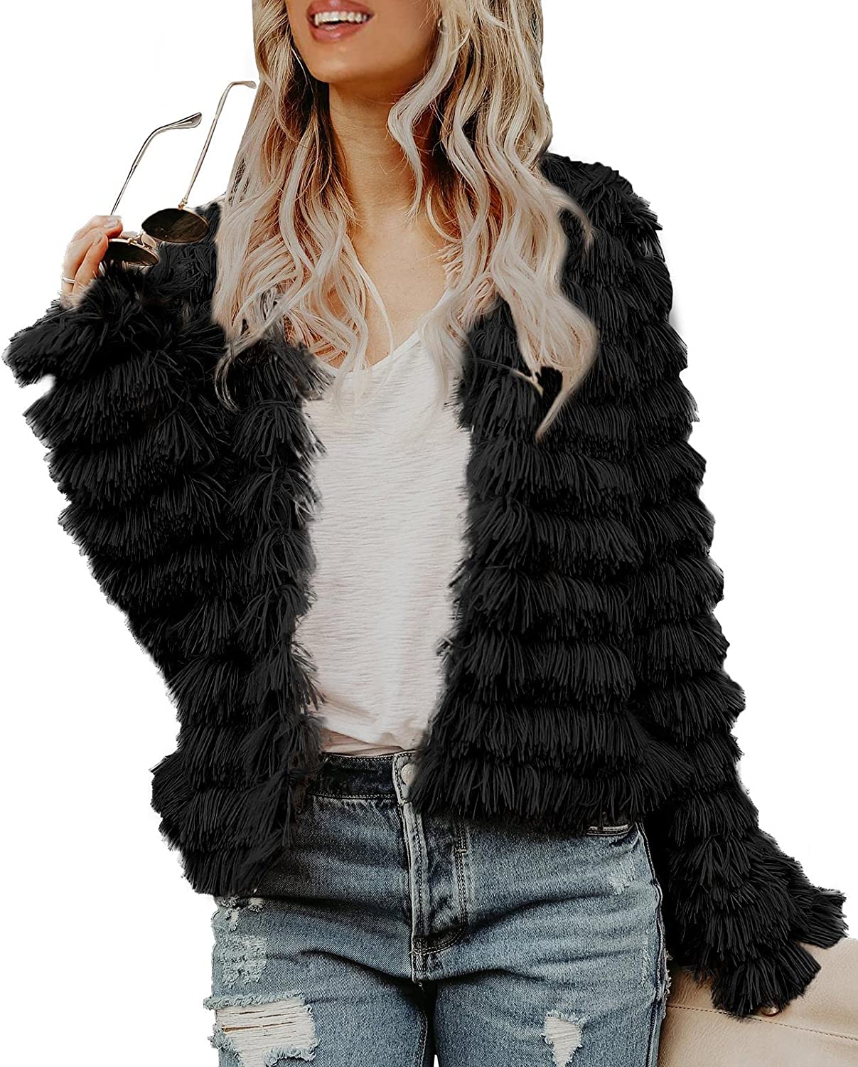 Womens Open Front Faux Fur Cardigan Vintage Parka Shaggy Jacket Coat