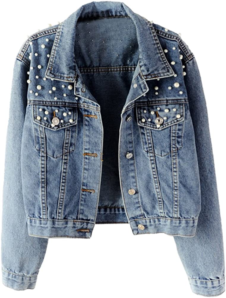 LifeShe Women's Embroidered Pearls Beading Denim Jean Jacket Coat