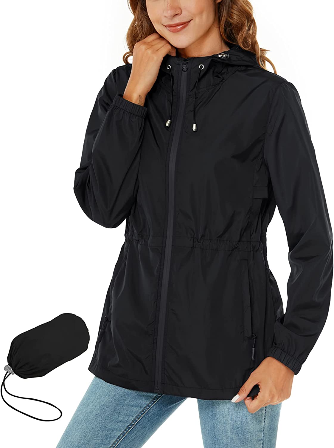 Avoogue Womens Raincoat Waterproof Rain Jacket Lightweight Packable Hooded Rain Coat Outdoor Active Pocket Windbreaker