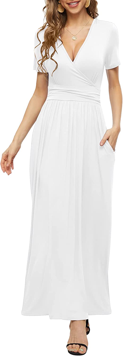 Women's Summer Short Sleeves Dress Wrap Waist Maxi Dresses with Pockets