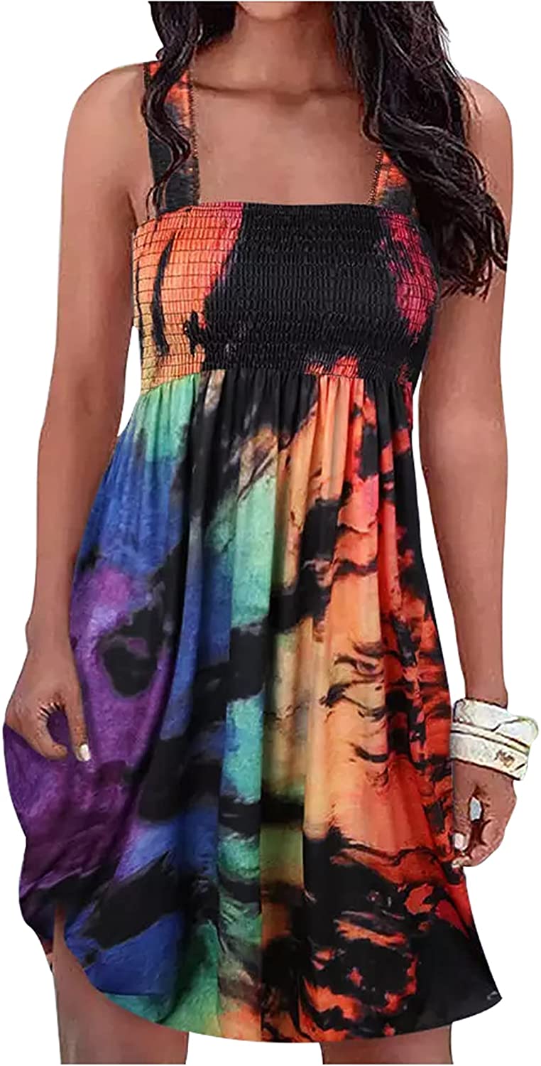 Reverse Tie Dye Rainbow Smocked Spaghetti Strap Summer Mini Dress for Women Casual Beach Sleeveless Swing A Line Dresses