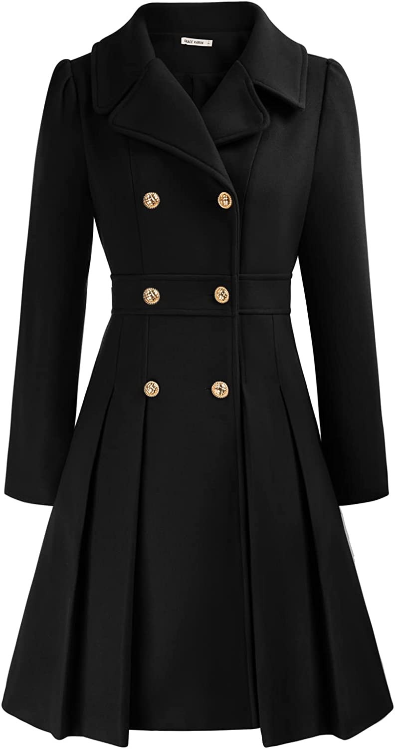 GRACE KARIN Women's Trench Coat Notch Lapel Double Breasted Thick A Line Wool Pea Coats Jacket with Pockets(S-2XL)