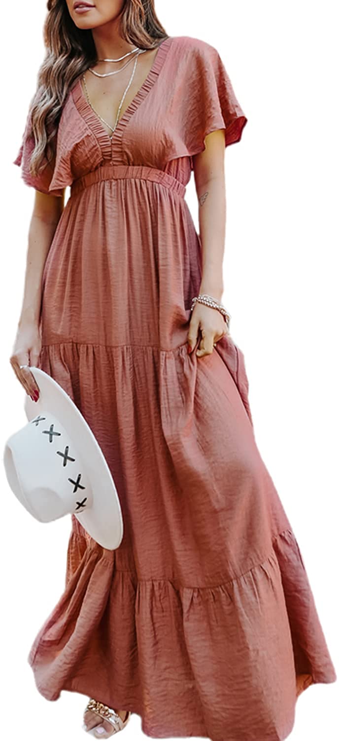 Women's Casual Short Sleeve V Neck Floral Chiffon Maxi Dresses Summer High Waist Boho Beach Flowy Ruffle Long Dress