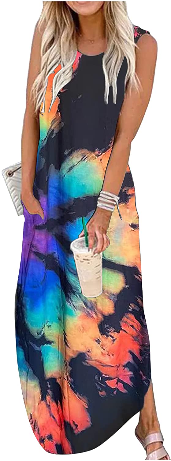 Good Vibes Rainbow Graphics Dress Womens Sleeveless Pocket Maxi Dress Summer Hawaiian Beach Tank Dress Plain Shirt Dress