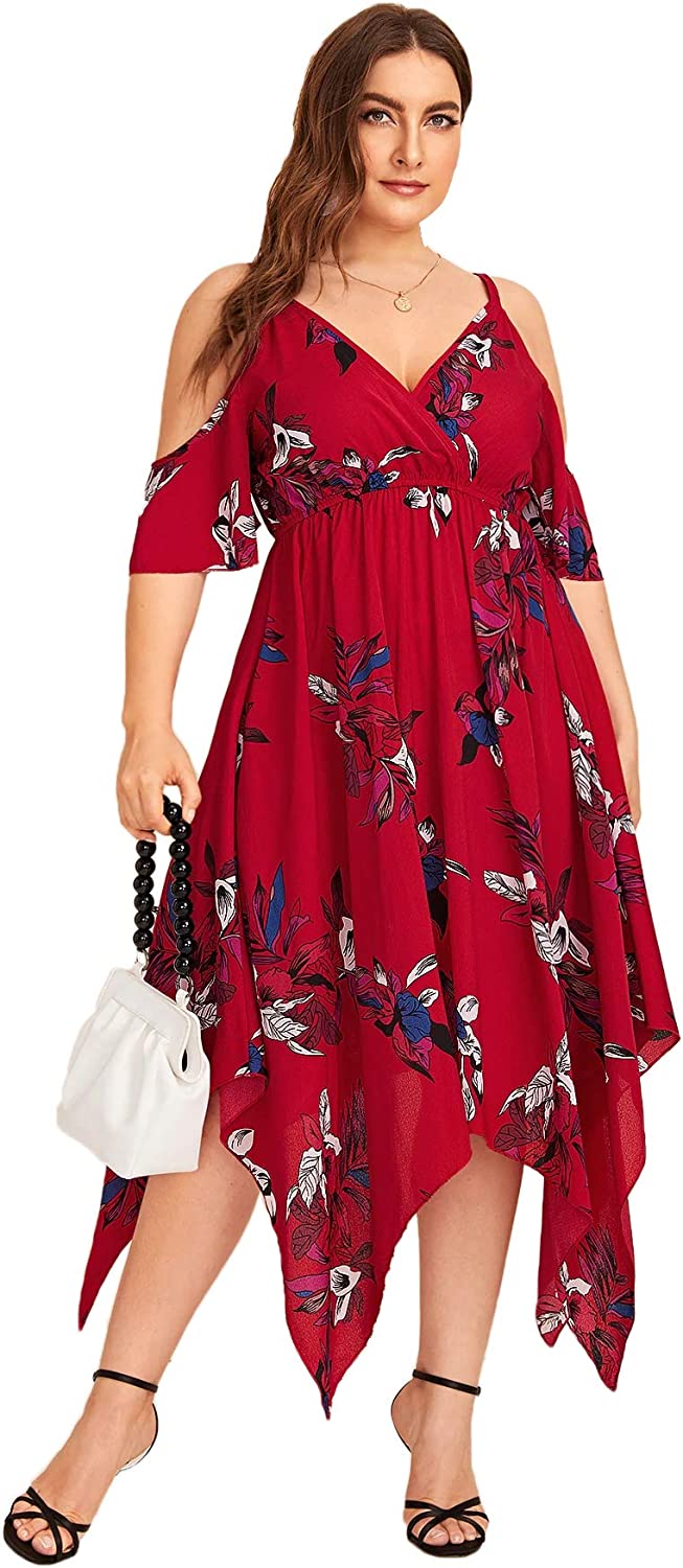 Women's Plus Size Cold Shoulder Tropical Floral Slit Summer Maxi Dress