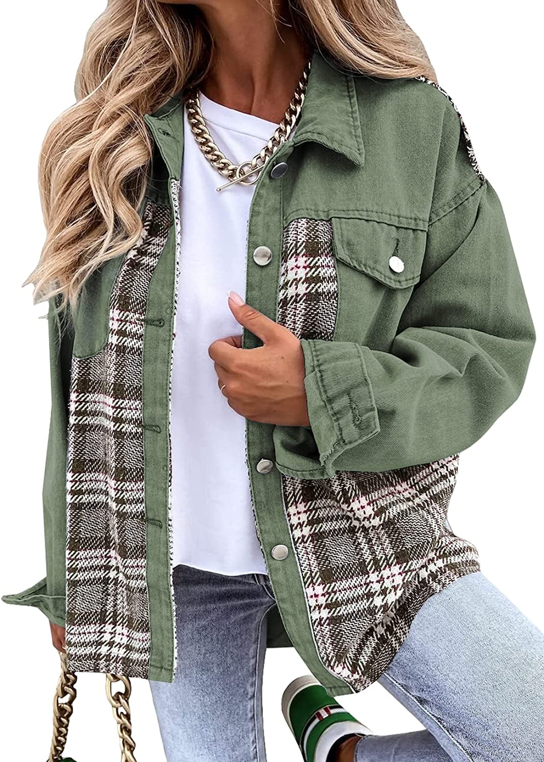 Astylish Women Jean Jacket Long Sleeve Button Down Plaid Oversized Denim Shacket Jackets