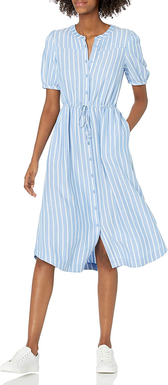 Women's Half-Sleeve Waisted Midi A-Line Dress, Blue/White, French Stripe, Large