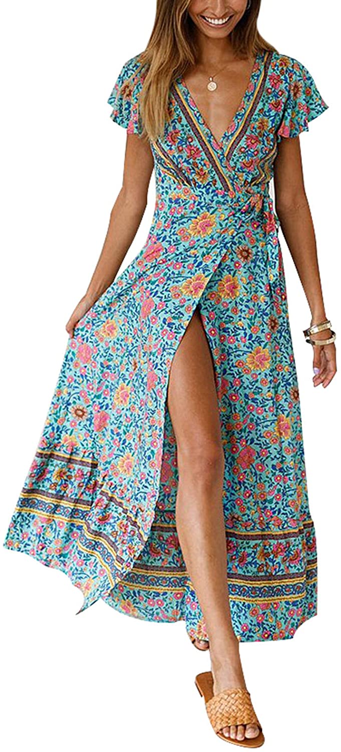 Women's Wrap Dresses Bohemian Floral Printed Summer Casual Short Sleeve V-Neck High Split Maxi Dress S-XL