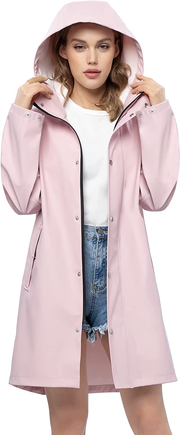 UNIQUEBELLA Raincoat for Women Waterproof Rain Jacket Hooded Outdoor Windbreaker Lightweight Trench Coat