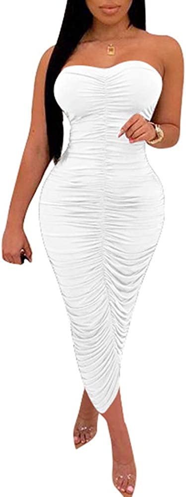 Women's Sexy Ruched Strapless Bodycon Tube Maxi Long Club Dress