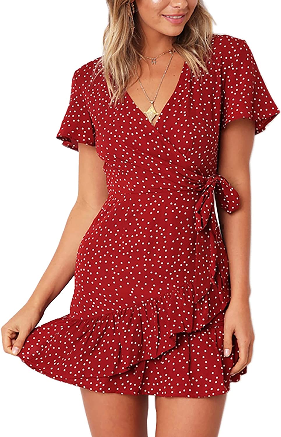 Summer Women Short Sleeve Print Dress V Neck Casual Short Dresses