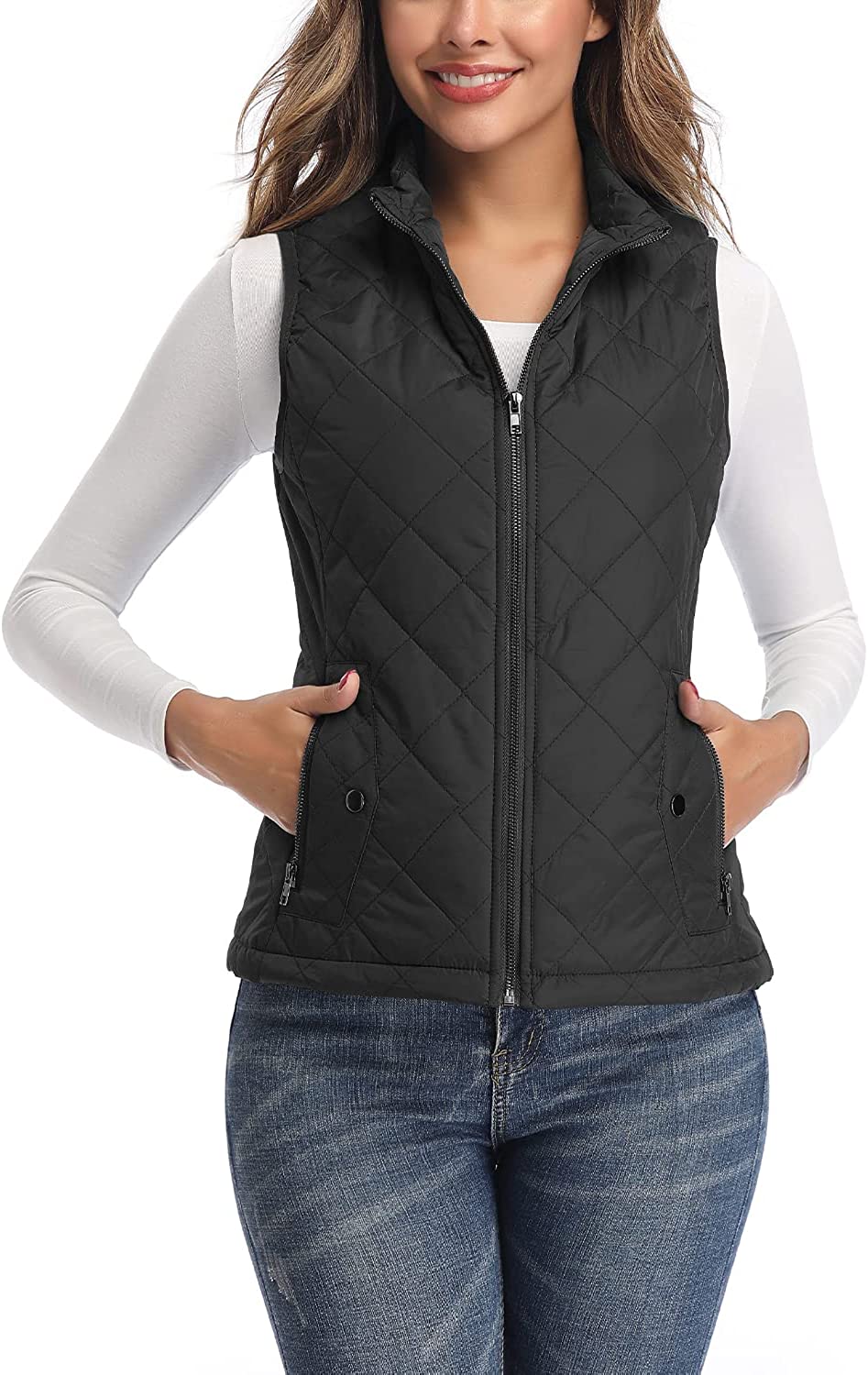 Women's Vest - Stand Collar Lightweight Zip Quilted Vest for Women