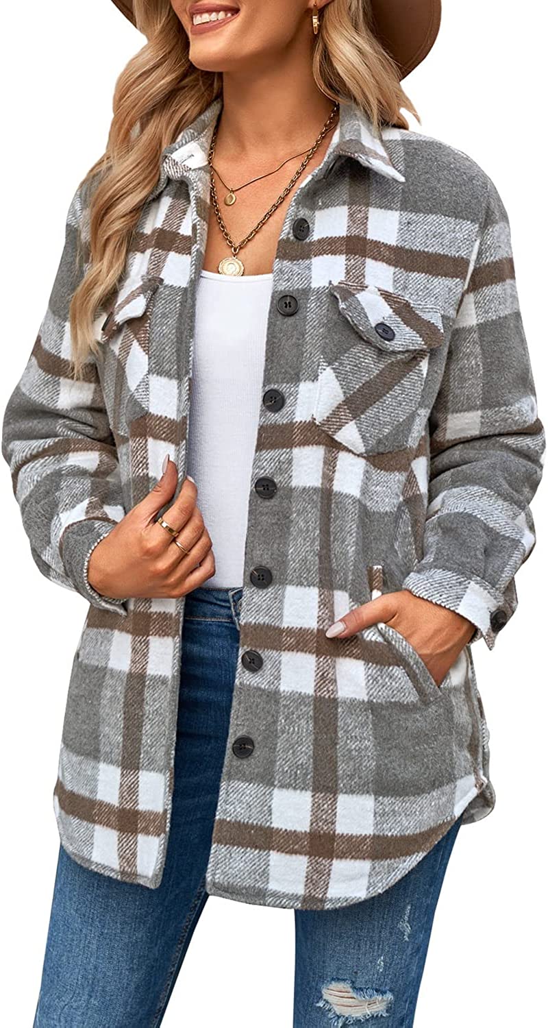 luvamia Plaid Jackets for Women Flannel Quilted Shacket Coats Oversized Button Down Shirts Jacket