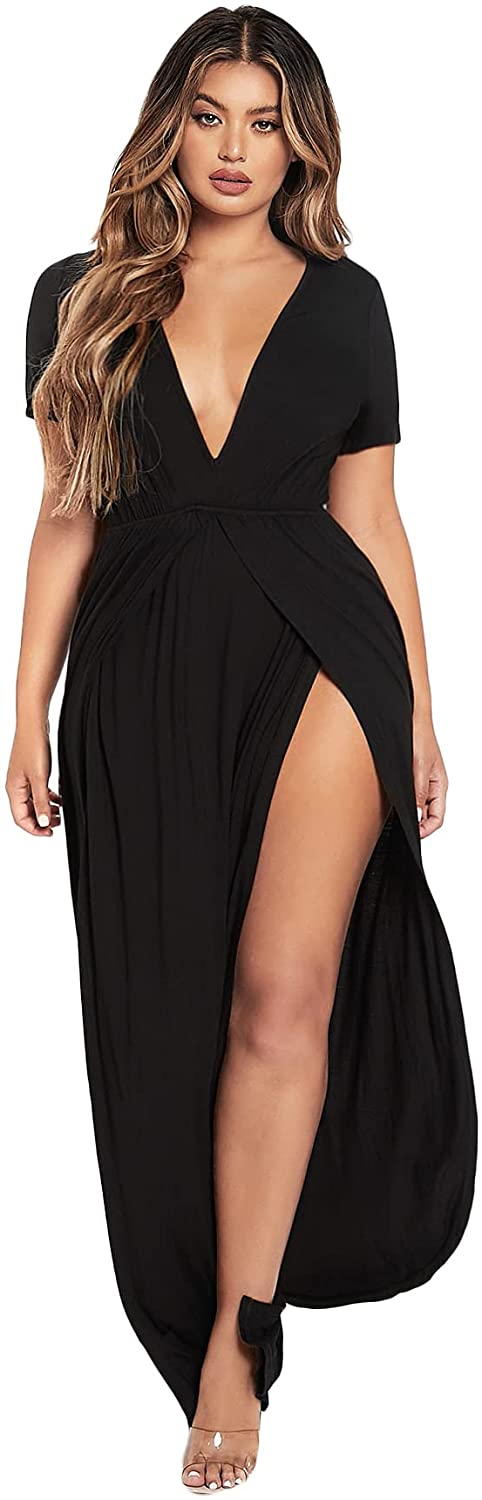 Women's Split Thigh Short Sleeve Maxi Dress Deep V Neck Flowy Long Dresses