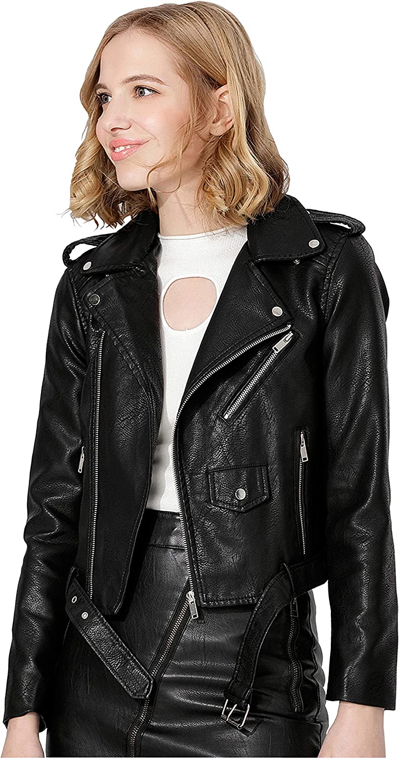 Jhichic Women's Faux Leather Textured Short Moto Jacket Zip-up Slim PU Biker Coat with Pockets