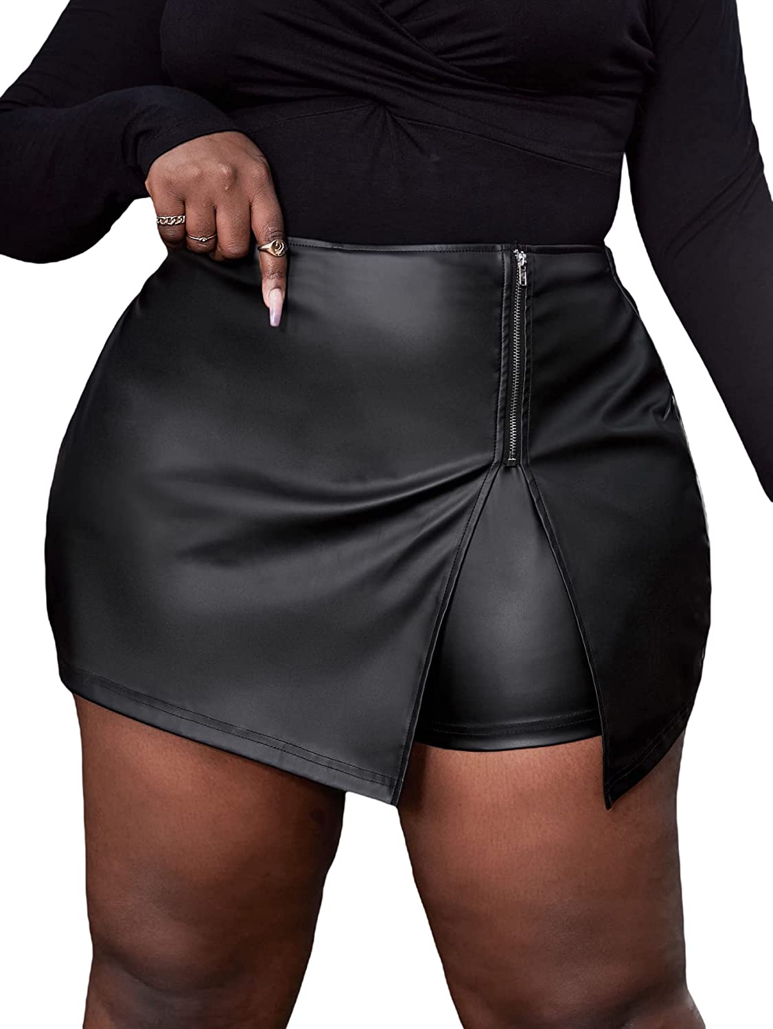 MakeMeChic Women's Plus Size Faux Leather Shorts Zipper Front Split PU Leather Skorts