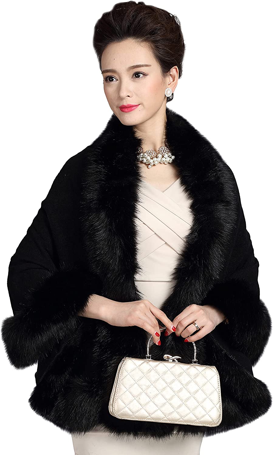 Elfjoy Luxury Bridal Faux Fur Cashmere Wool Shawl Cloak Cape Wedding Dress Party Coat for Winter