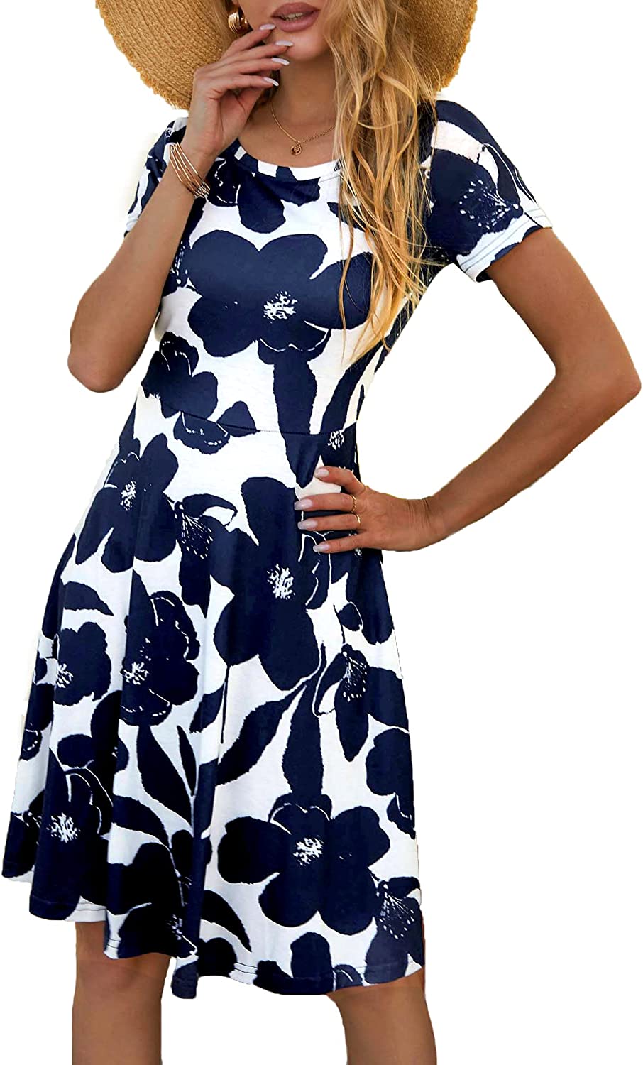 Spring/Summer Casual Women Short Sleeve Round Neck A Line Fit and Flare Midi Skater Dress