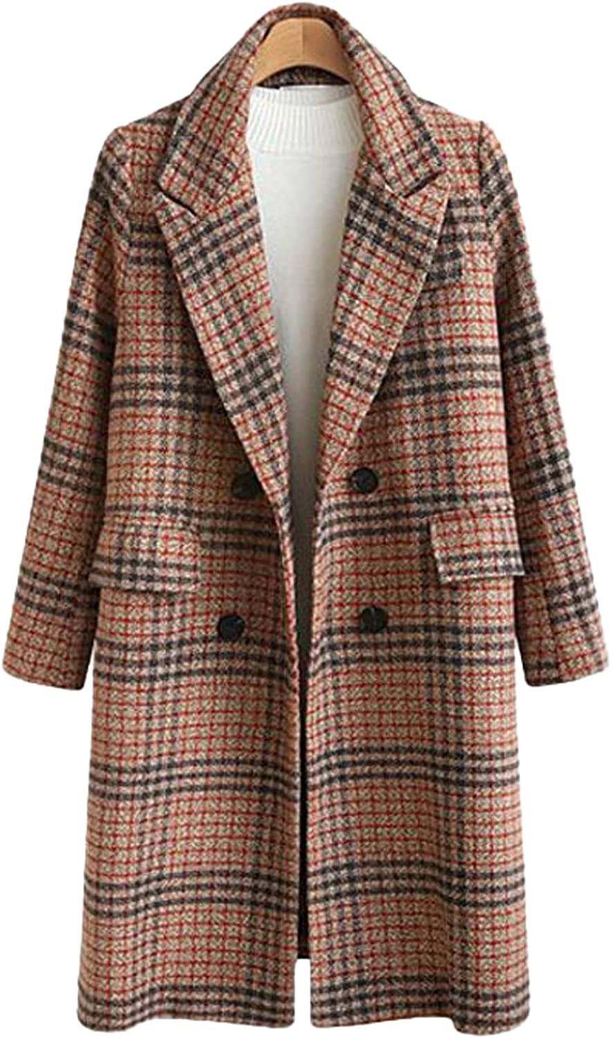 chouyatou Women's Classic Notched Collar Double Breasted Plaid Wool Blend Long Trench Coat