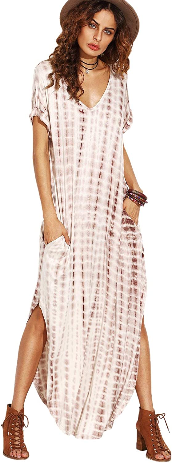 Women's Boho Maxi Short Sleeve Split Pockets Tie Dye Long Dress