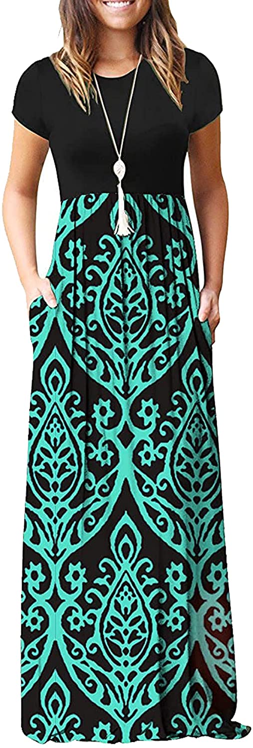 Women Short Sleeve Loose Plain Casual Long Maxi Dresses with Pockets