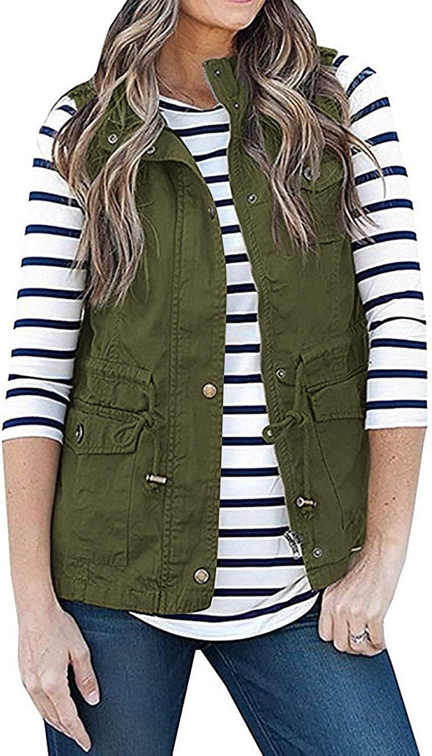 SENSERISE Womens Lightweight Sleeveless Military Anorak Drawstring Jacket Vest