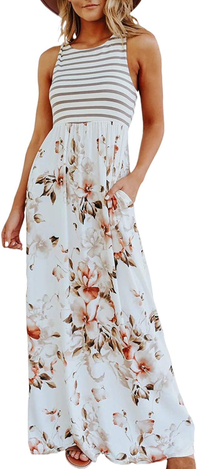 Simplee Women's Sleeveless Floral Printed Casual Maxi Dress Striped Summer Long Dress