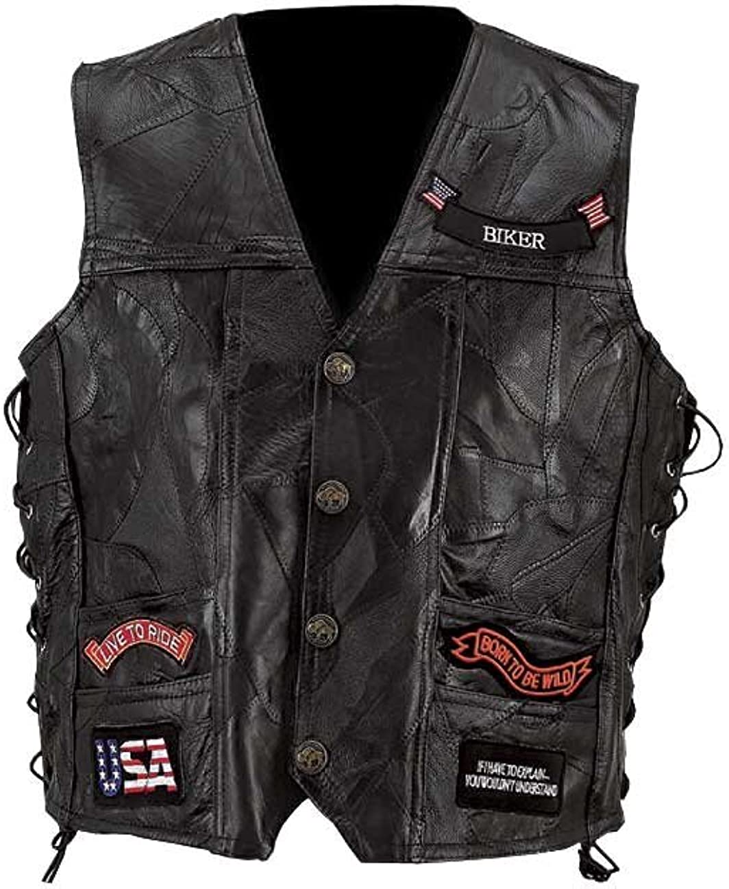 Diamond Plate Genuine Leather Motorcycle Vest w/14 Patches