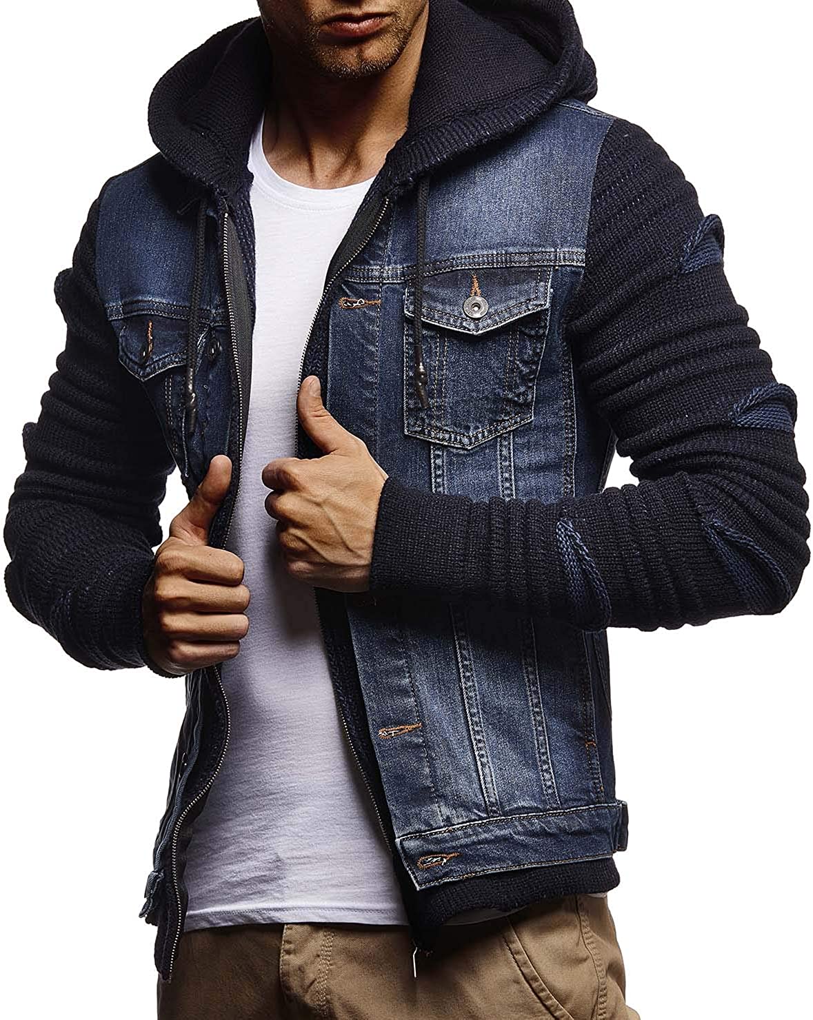 LEIF NELSON Men's Denim Jacket With Knitted Sleeves | Jeans Jacket With Hood | Stylish Jeans Sweater Hoodie LN5755