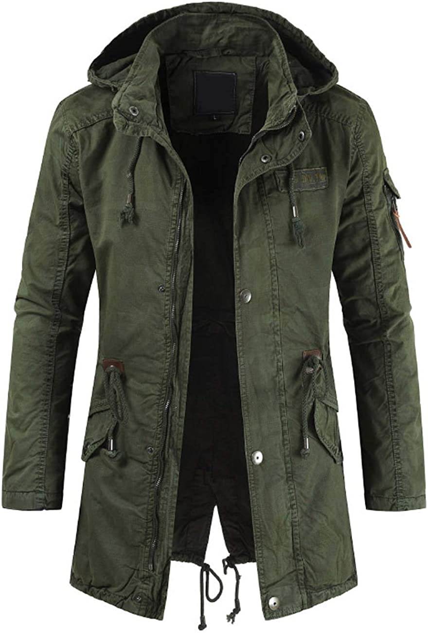 chouyatou Men's Spring Military Full-Zip Removable Hooded Cotton Mid-Long Parka Jacket Coat