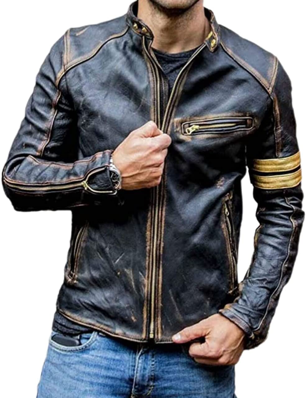 Men’s Elite Vintage Café Racer Motorcycle Distressed Leather Jacket