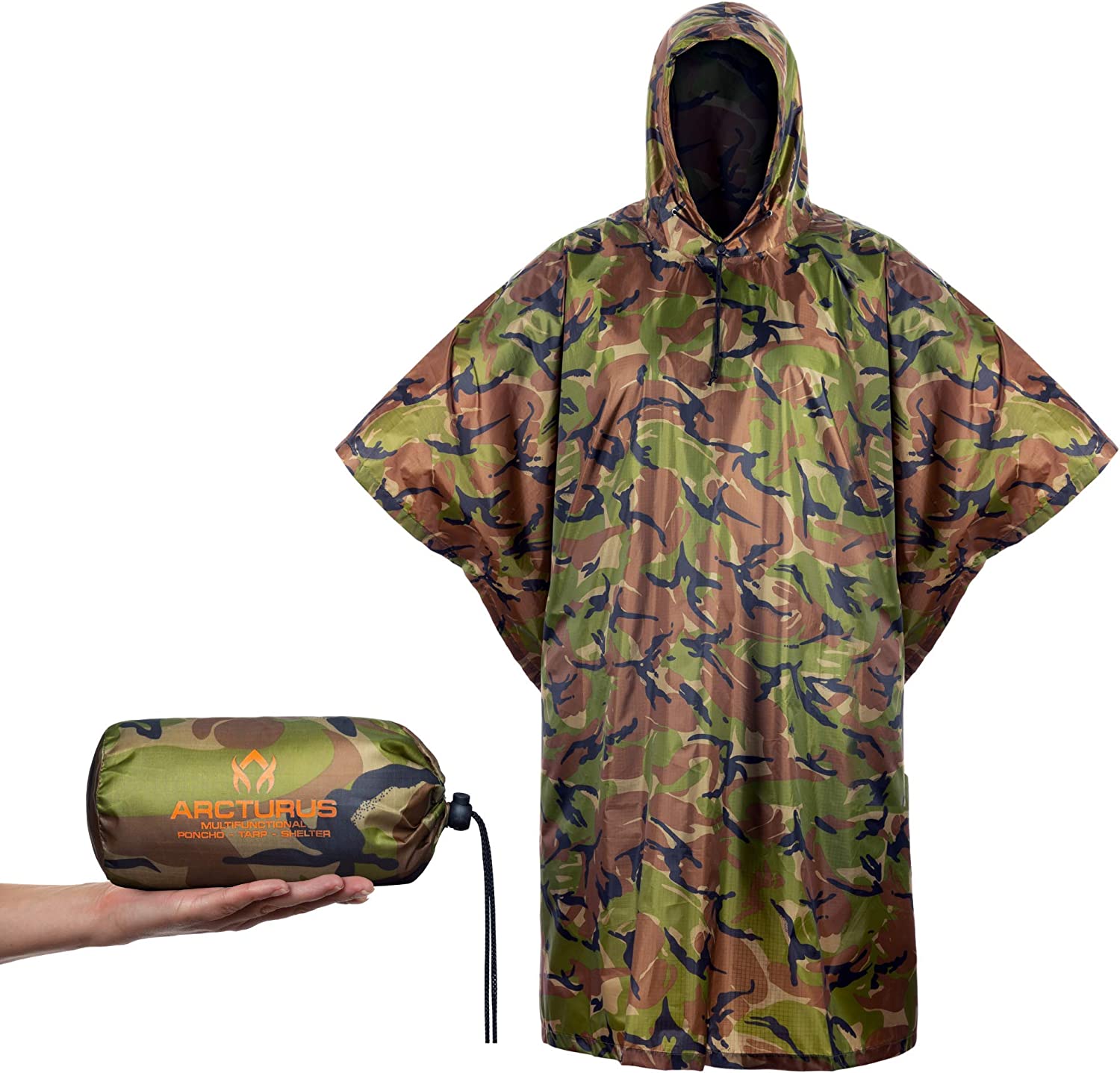 Arcturus Lightweight Ripstop Nylon Poncho with Adjustable Hood (Camo)