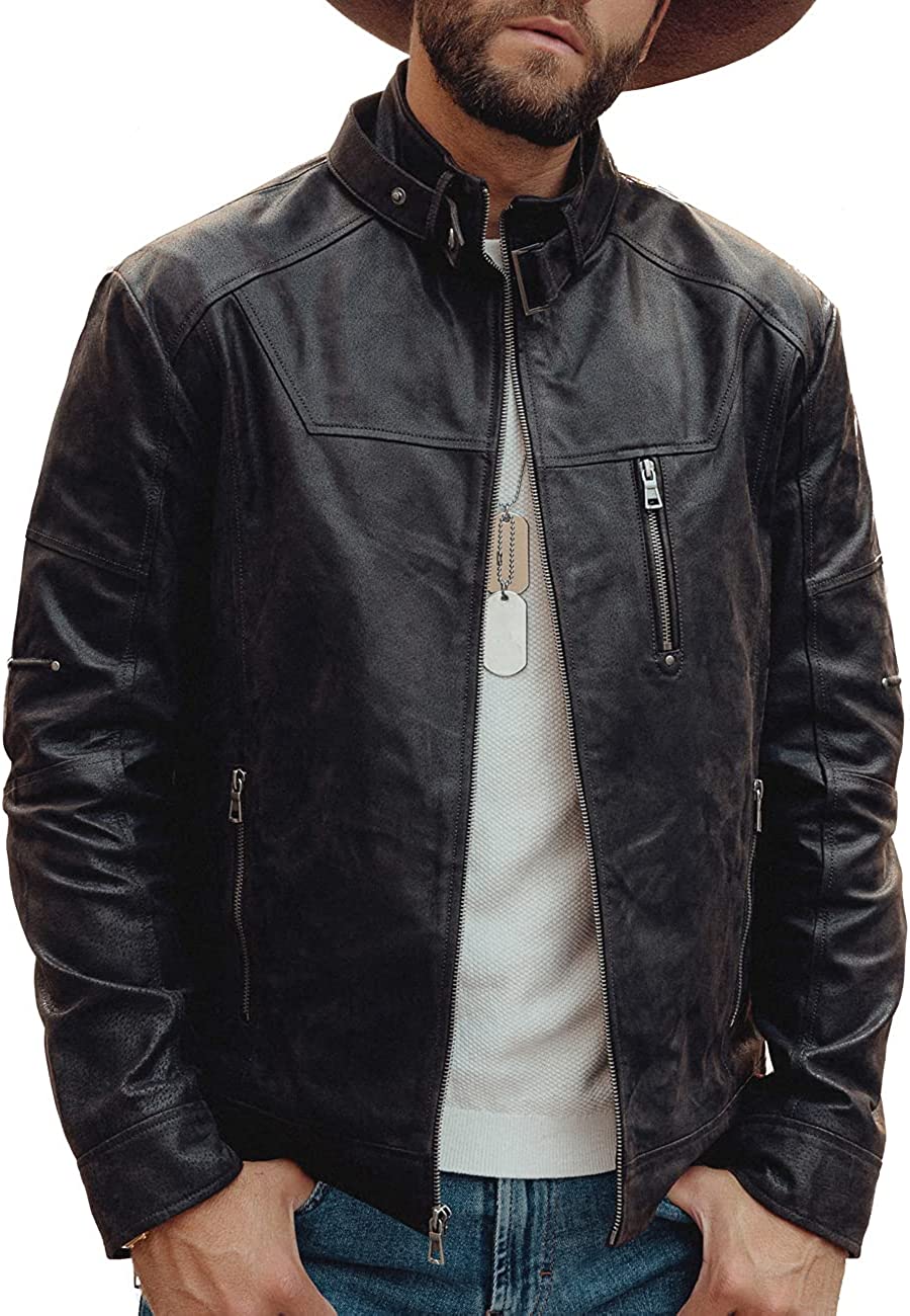 FLAVOR Men Classic Genuine Leather Moto Jacket