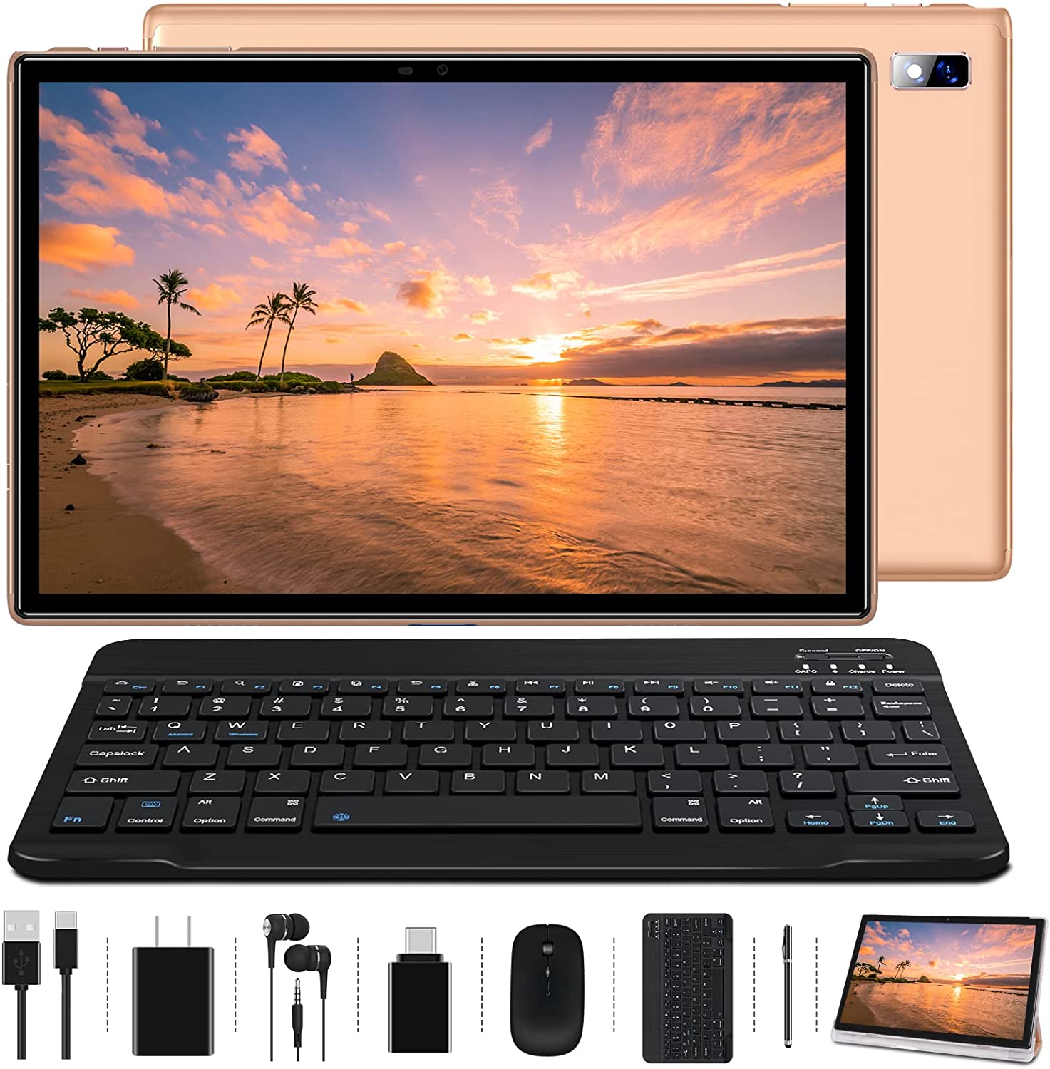 2022 Tablet 10 inch Android 10 Tablets, 1.8GHz Octa-Core Processor 4GB RAM 64GB Storage(TF to 128G) Tablets with Keyboard & Mouse, 8000mAh Battery, 8MP Rear Camera, WiFi, Type-C, Oangcc Tab-A6(Gold)