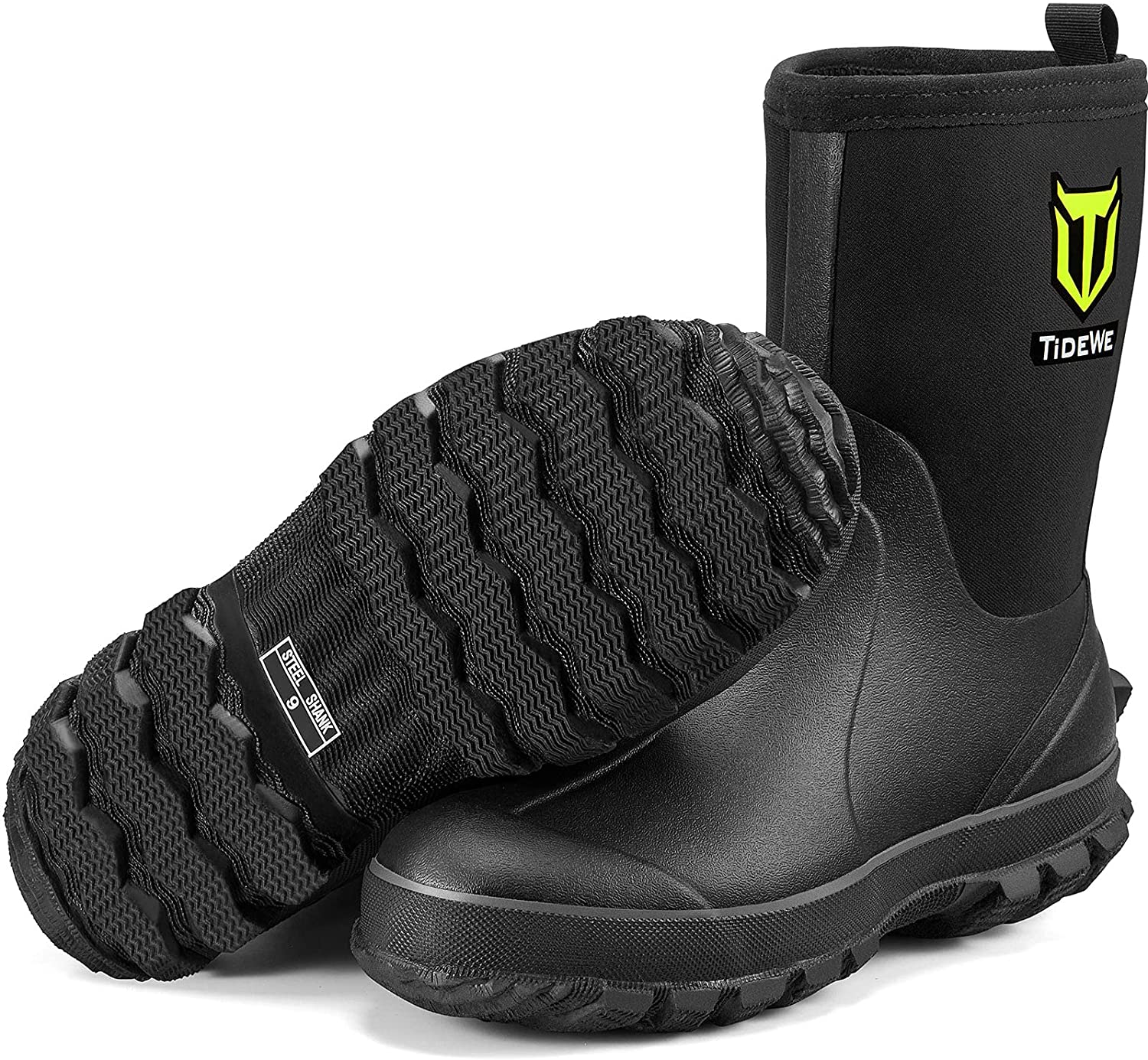 TIDEWE Rubber Boots for Men, 5.5mm Neoprene Insulated Rain Boots with Steel Shank, Waterproof Mid Calf Hunting Boots, Durable Rubber Work Boots for Farming Gardening Fishing (Black & Realtree Edge Cam