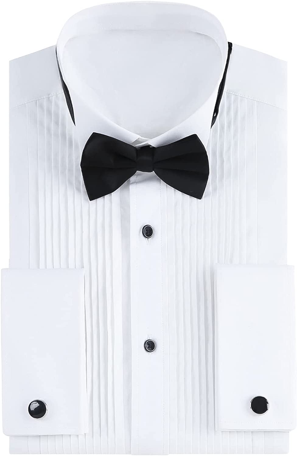 Gollnwe Men's Tuxedo Shirt Wing Collar French Cuffs with Cufflinks and Bow Tie
