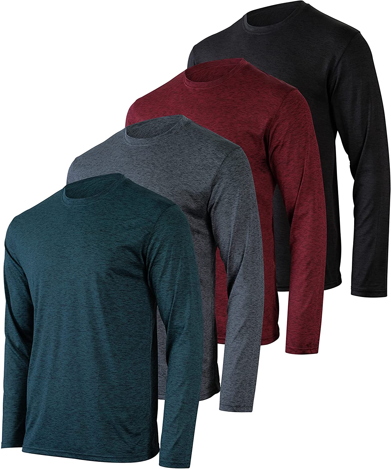 4 Pack: Men's Dry-Fit Moisture Wicking Performance Long Sleeve T-Shirt, UV Sun Protection Outdoor Active Athletic Crew Top