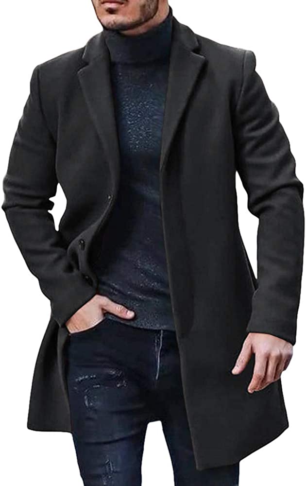 PASLTER Mens Trench Coat Slim Fit Notched Collar Fall Winter Single Breasted Pea Coat Warm Soft Overcoat