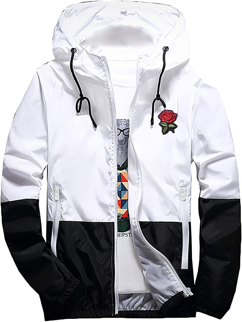 Rexcyril Men's Rose Floral Windbreaker Hooded Jacket Lightweight Casual Full Zip Flower Coat