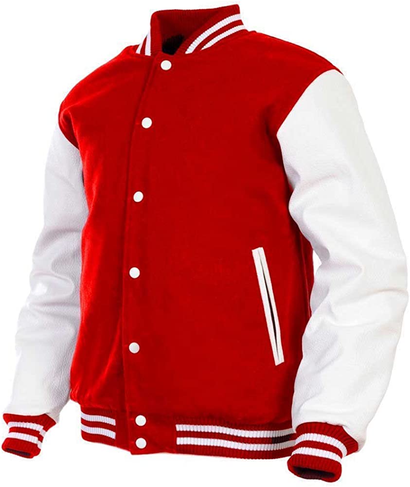 Men's Varsity Jacket Genuine Leather Sleeve and Wool Blend Letterman Boys College Varsity Jackets XXS-5XL