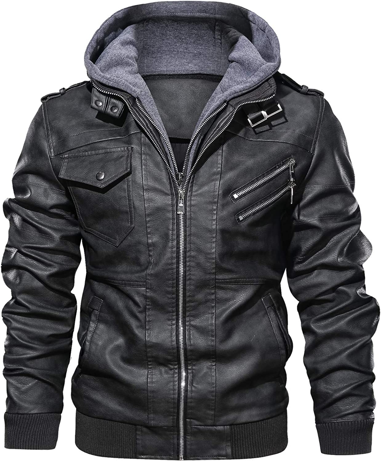 JYG Motorcycle Jacket for Men Casual Faux Leather Bomber Jacket with Removable Hood