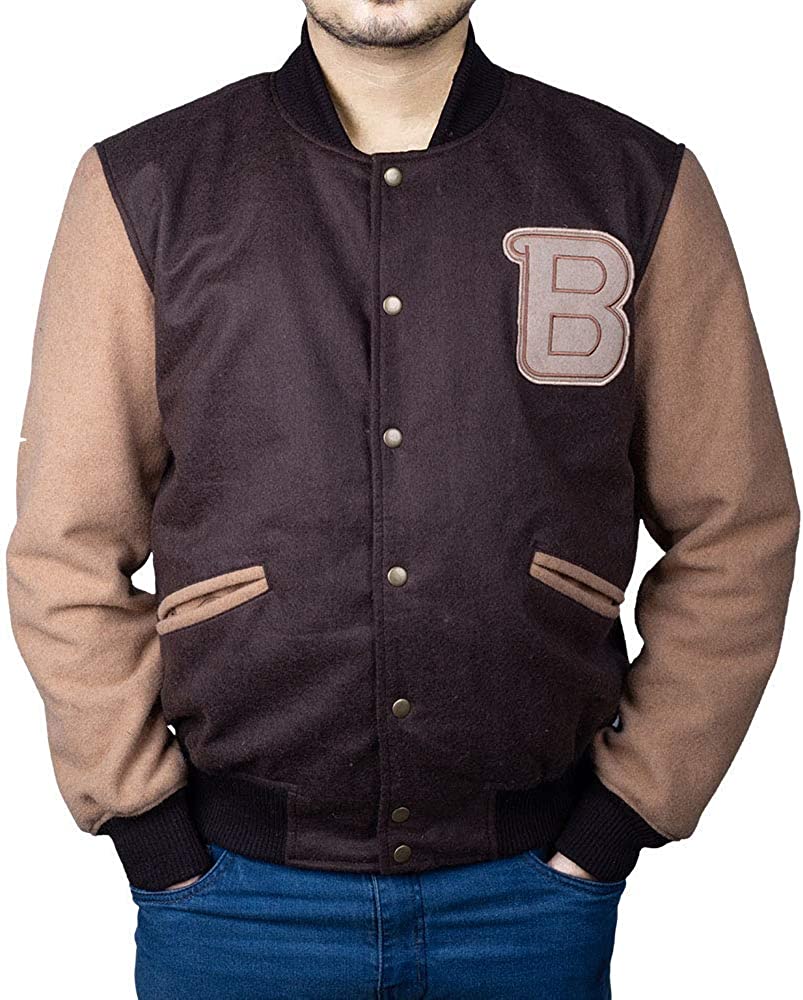 EASTIFIED Hotline Miami Varsity Letterman Brown Wool Letter B Patch Flight Bomber Jacket