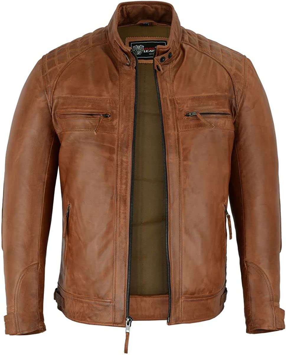 Vance Leathers' Men's Cafe Racer Waxed Lambskin Austin Brown Motorcycle Leather Jacket