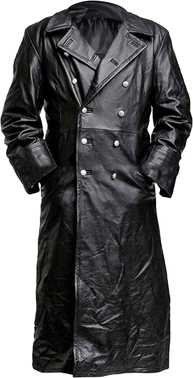 Mens Vintage German Classic WW2 Officer Military Uniform Leather Trench Coat Jacket