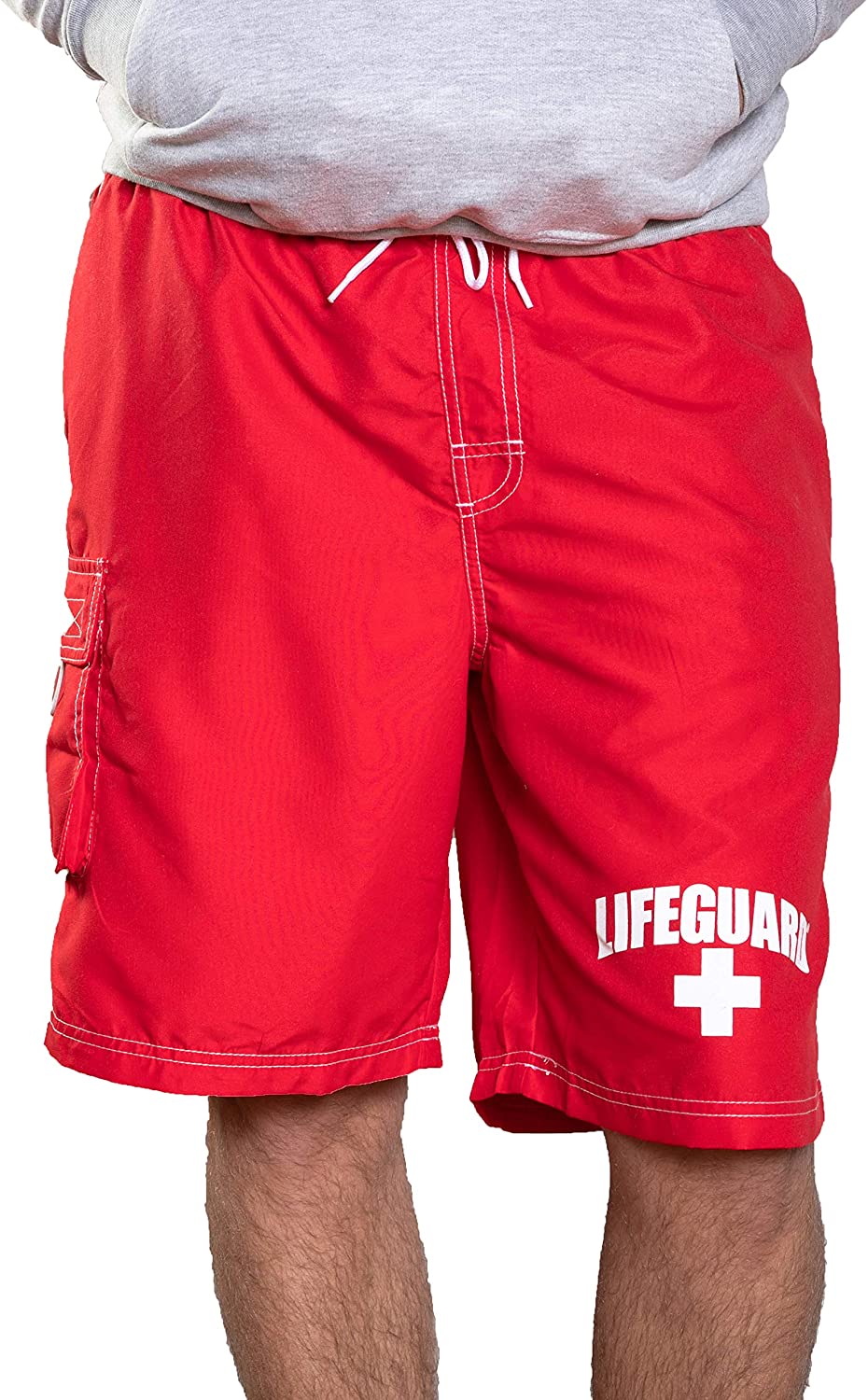 LIFEGUARD Officially Licensed Red Men's Board Shorts Swim Trunks with Side Pocket, Men and Boys, Great for Beach & Pool