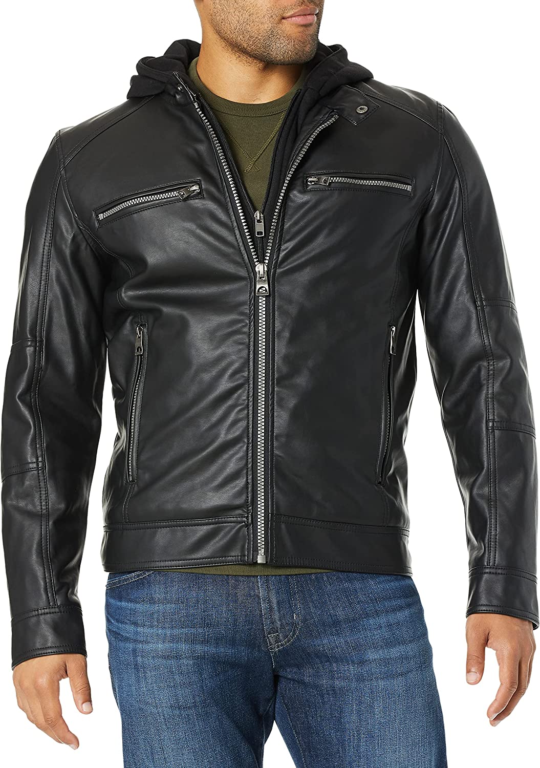 GUESS Men's Faux Leather Hooded Moto Jacket