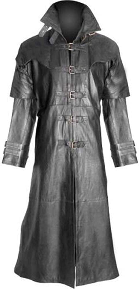 ClydeStones Mens Pure Black Cow Leather Trench Steampunk Gothic Duster Coat